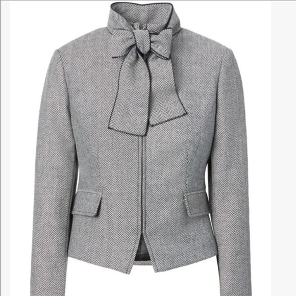 Banana Republic Wool Herringbone Tie Neck Zip Front Blazer Sz 12 - Picture 12 of 13